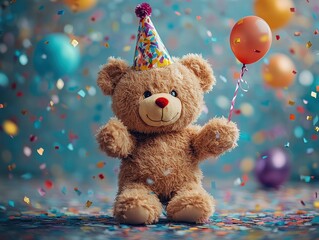  Fluffy teddy bear in birthday hat with confetti flying, stitched smile wide, sparkly paper background, balloon held in paw, festive energy bursts with childlike joy.