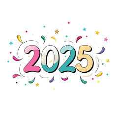 Design a celebratory 2025 text graphic, incorporating colorful confetti and a dynamic, festive layout.  The design should be visually appealing and suitable for celebratory use.