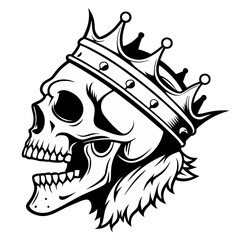 Obraz premium A hand-drawn vector illustration of a king’s skull adorned with an ornate crown, symbolizing power, mystery, and gothic elegance. 