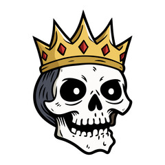 A hand-drawn vector illustration of a king&rsquo;s skull adorned with an ornate crown, symbolizing power, mystery, and gothic elegance.
