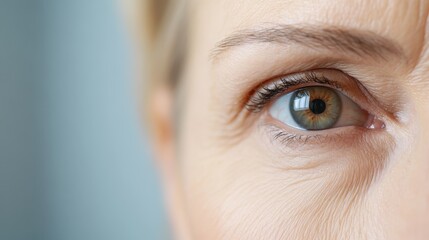 Close up capturing a mature woman's eye, emphasizing wrinkles and the natural aging process of skin, while focusing on intricate details around the eye area and expression