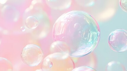 Iridescent soap bubbles drifting across soft pastel background, forming delicate translucent spheres with shimmering, ethereal rainbow like reflections
