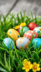 Fototapeta premium Colorful Easter eggs nestled in vibrant green spring grass, religious, spring flowers