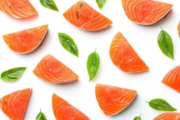 Fresh Salmon Pieces with Basil Leaves Isolated on White Background