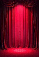 Fototapeta premium Crimson velvet curtain backdrop, single spotlight illuminating center stage, spotlight effect, red, photography