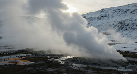 Erupting Geothermal Geyser with Steam Clouds in Snowy Mountain Landscape