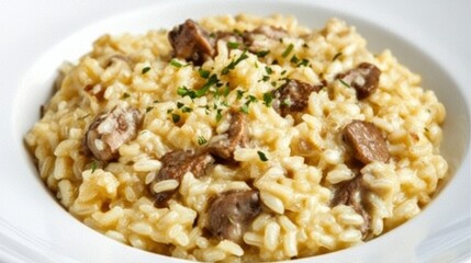 Delicious risotto topped with mushrooms and fresh green herbs is shown