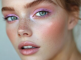 Obraz premium Soft pink and lavender Easter makeup with hand-painted egg details near eyes, peach blush, coral lips, dewy glowing skin under natural spring sunlight