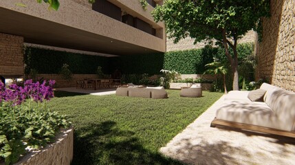 Obraz premium An outdoor courtyard features comfortable seating and garden greenery