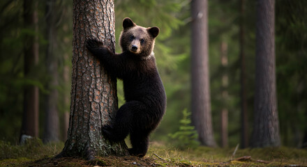 Fototapeta premium Young Bear Cub Climbing Tree in Lush Forest Seeking Adventure