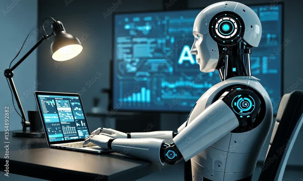 Aufkleber ai at work: a sophisticated robot, designed with futuristic aesthetics, focuses intently on its lapt
