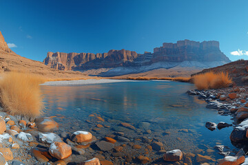 A serene desert oasis nestled beneath towering sandstone cliffs, reflecting the clear blue sky in its still waters, touched by winter's frost.
