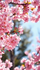 Obraz premium Delicate pink cherry blossoms in full bloom, soft sunlight filtering through branches, pink flowers, flower