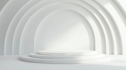 Obraz premium Minimalist white round pedestal standing near architectural arch, presenting products with clean design for exhibition or retail merchandising