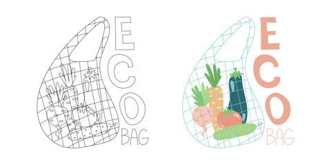 Eco-friendly mesh grocery bag filled with fresh vegetables and eco lettering. Great for farmers markets, sustainable shopping, and organic lifestyle concepts.
