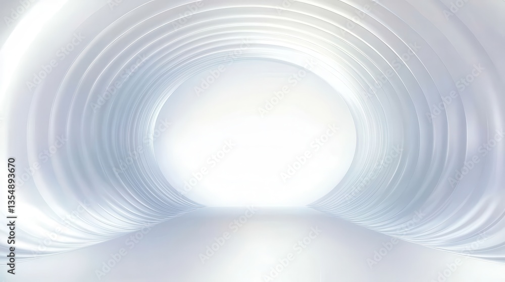 Poster creating a tunnel effect with smooth, white concentric rings converging towards a bright center, evo