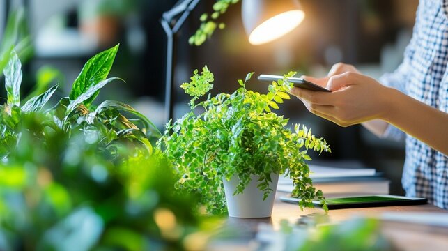 Person taking a picture of a plant with a smartphone in a home office. - Powered by Adobe