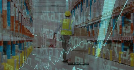 Walking in warehouse, worker surrounded by animation of stock market data overlay - Powered by Adobe