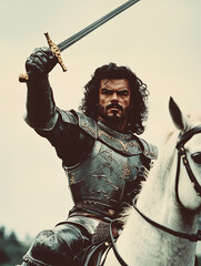 Knight in shining armor astride a white steed, wielding a sword in a gesture of strength and leadership, ready for battle
