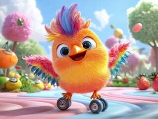 Naklejka premium Wacky bird with rainbow mohawk, mismatched wings, roller skates zips through candy jungle, swirly trees and fruit talk, wild colors and chaos delight.