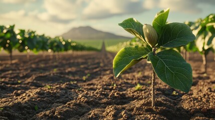 Young tree seedling in a field, with other plants and a mountain in the background.