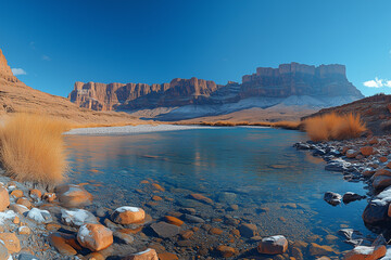 A serene desert river reflecting a majestic sandstone cliff under a brilliant blue sky, showcasing the tranquil beauty of a remote landscape with a hint of winter.