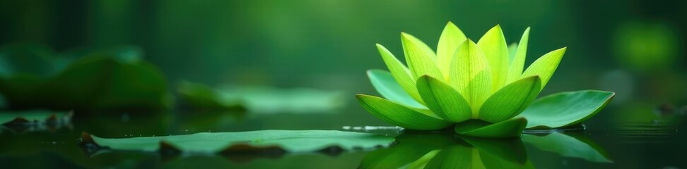 Obraz premium Green leaf from a lotus flower partially submerged in murky swamp water, calm, lotus