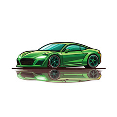 A vibrant green sports car, illuminated by its own internal glow, speeds down a rain-slicked, dark city street at night.  Rain streaks the windows.