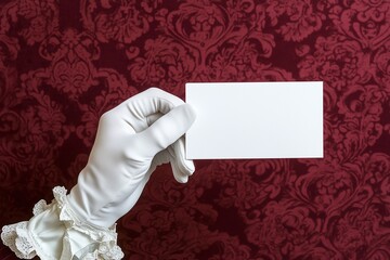 A gloved hand elegantly holding a blank white card against a luxurious red patterned background. Ideal for branding, invitations, business, or vintage themes