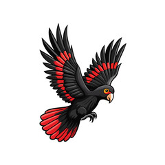 A striking glossy black cockatoo, vibrant red tail feathers prominently displayed, perched on a branch.  High-detail, photorealistic rendering. © arisadobe
