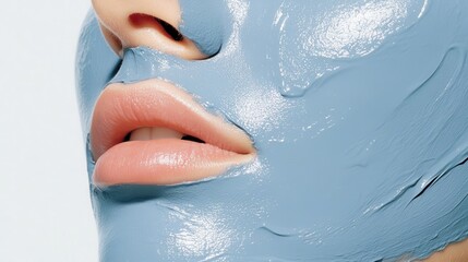 Close up of woman wearing blue clay mask, relaxing during spa facial treatment, showcasing professional skincare cleansing and rejuvenation process for healthy glowing complexion