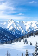 Majestic snow-capped peaks, pristine slopes, winter wonderland, snowboarding, nature, new year