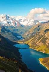 Majestic snow-capped peaks, lush green valleys, serene alpine lakes, autumn, Europe, Switzerland
