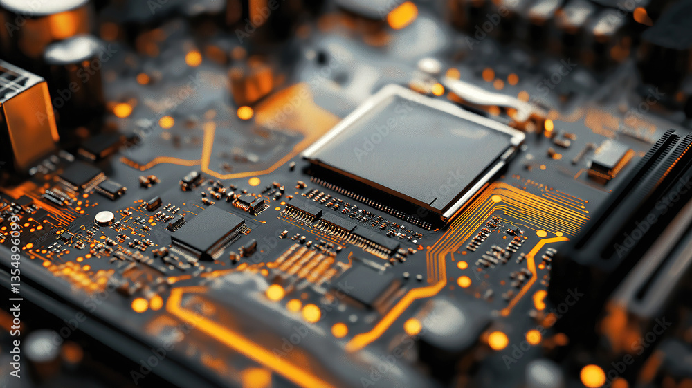 Poster detailed close-up of a computer motherboard showcasing its internal components and circuitry