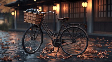 Obraz premium Vintage bicycle with basket on a rainy autumn street in Japan.
