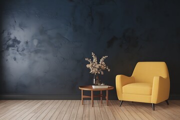 A Stylish Yellow Armchair with a Dark Wall Accent and Wooden Floor