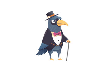 A grumpy, anthropomorphic cartoon crow wearing a monocle, holding a soda can, perched on a branch.  Illustrate detailed feathers and a scowling expression.