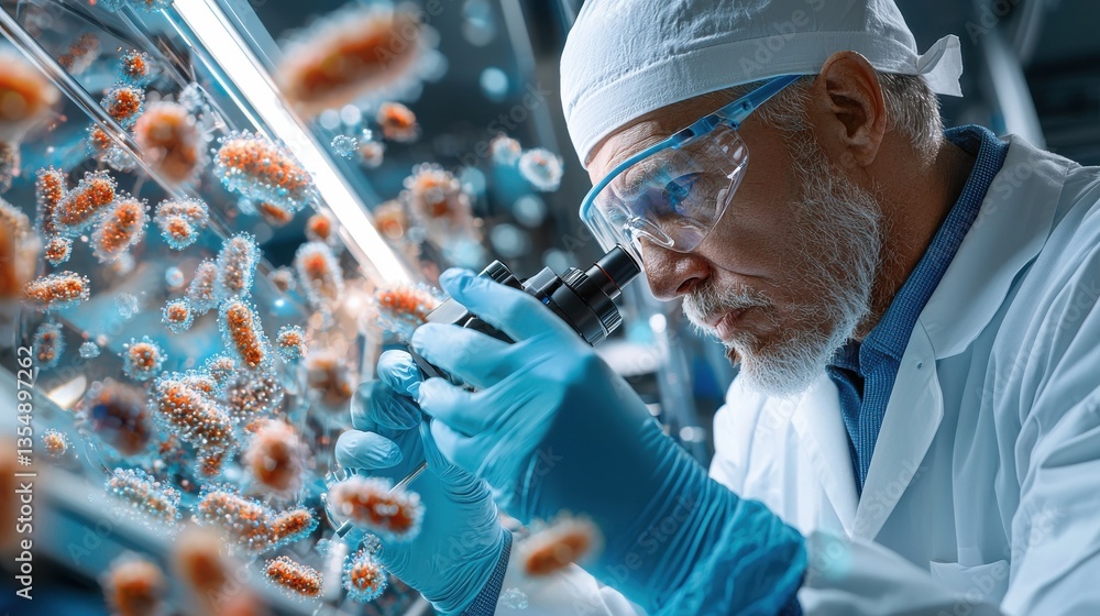 Poster A man in a lab coat is looking at a microscope at a sample of bacteria