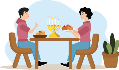 Hanukkah dining scene two person serving each other Sufganiyot and cake each other with lighting Menorah on table, Hanukkah holiday feast , Jewish Family dinner Hanukkah, Sufganiyot serving, Jewish ho