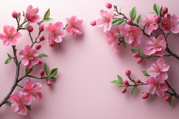 Obraz premium Delicate pink flowers with lush green leaves arranged on a soft pink background, conveying a serene and fresh aesthetic.