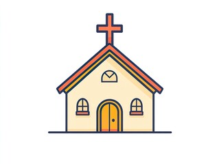 A church building pattern outlined with colorful lines on a white background, featuring a cross on top, representing religion, spirituality, and community, suitable for religious, cultural, and archit
