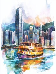 Fototapeta premium Colorful Watercolor Illustration of Hong Kong Cityscape with Boat