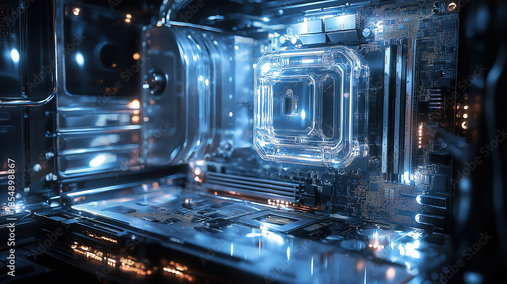 Poster detailed view of computer's internal silver back highlighting hardware and connectivity points