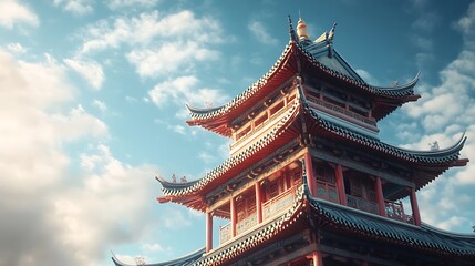 Fototapeta premium Gorgeous Chinese pagoda with green roof and traditional architectural elements image
