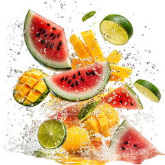 Watermelon Mango and Lime Slices Flying in Refreshing Isolated on Transparent Background