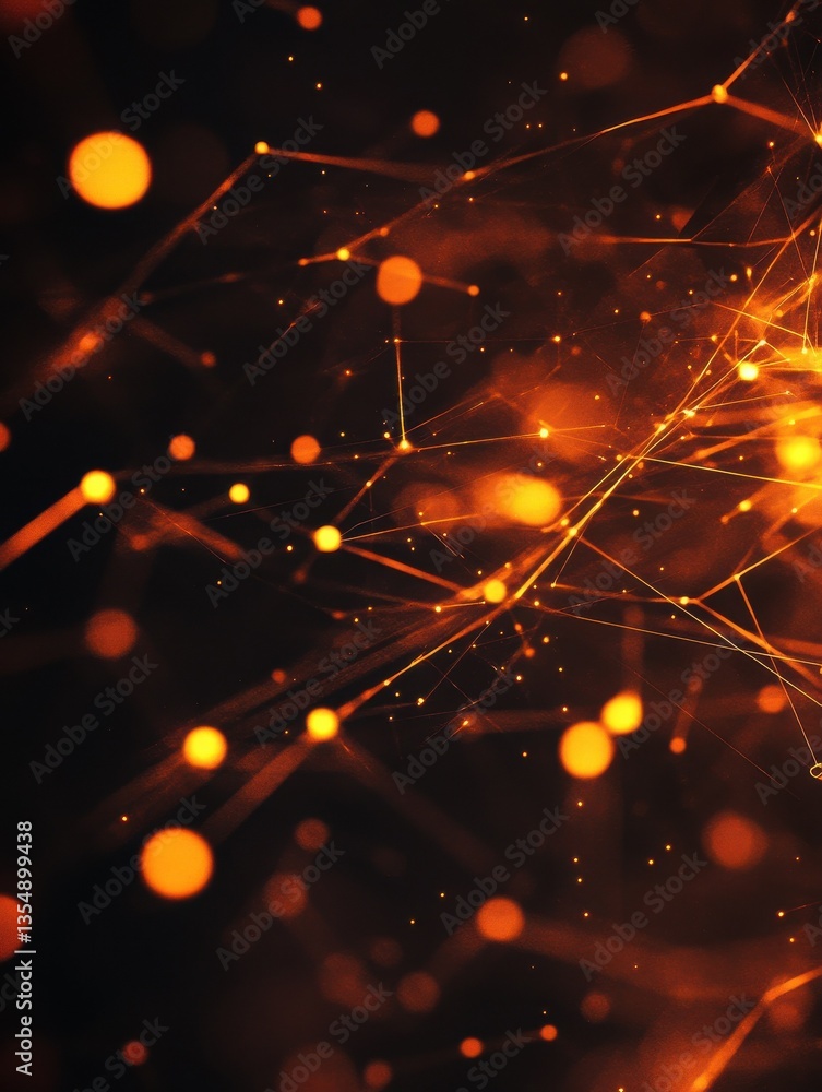 Poster abstract glowing orange network lines and dots with bokeh on a black background.