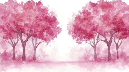 Obraz premium A watercolor painting featuring pink trees and a white background