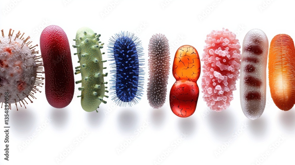 Poster a row of colorful bacteria and viruses are shown in a line