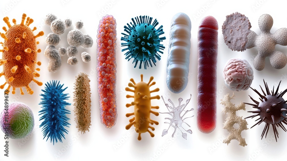 Poster a collection of colorful, fuzzy, and oddly shaped objects that resemble viruses