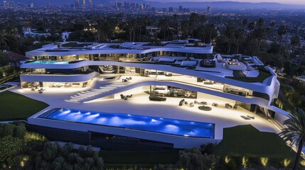 Obraz premium Modern Luxury Mansion With Swimming Pools And City Skyline Views